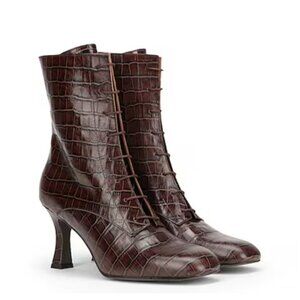 YOOX Ankle Boots Size 9US Italian Leather Croc Print Lace-Up  Zip Sides